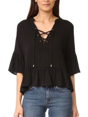 Maven West Black Lace-Up Ruffle Peasant Blouse